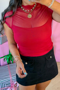 Women's Red Mesh Inset Cap Sleeve Top with Sheer Neckline