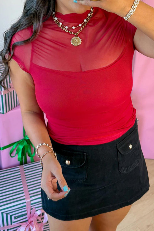 Women's Red Mesh Inset Cap Sleeve Top with Sheer Neckline