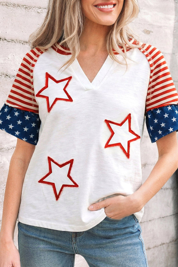 Women's Fiery Red Short Sleeve Top with Star Accents – Trendy Casual Chic Tee for Effortless Everyday Style