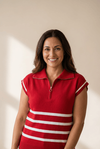 Women's Fiery Red Striped Short Sleeve Quarter Zip Sweater