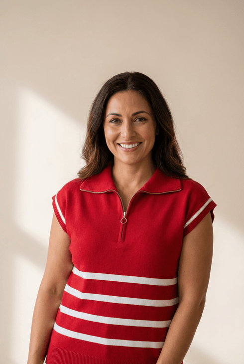 Women's Fiery Red Striped Short Sleeve Quarter Zip Sweater
