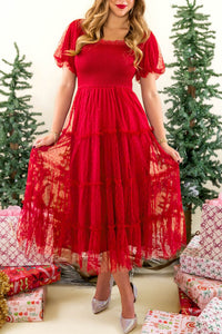 Women's Fiery Red Tiered Tulle Dress with Smocked Bodice and Puff Sleeves