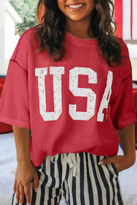 Women's Fiery Red USA Graphic Tee - Loose-Fit, Half Sleeve Ribbed Top for Effortless Summer Casual Style