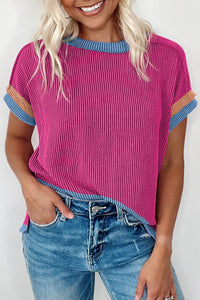 Women's Flattering Fit Bright Pink Textured Round Neck T-Shirt with Chic Contrast Trim for Stylish Everyday Wear