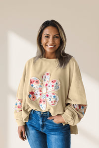 Women's Floral Appliqué Cotton Blend Sweatshirt in Sand Khaki