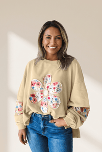 Women's Floral Appliqué Cotton Blend Sweatshirt in Sand Khaki