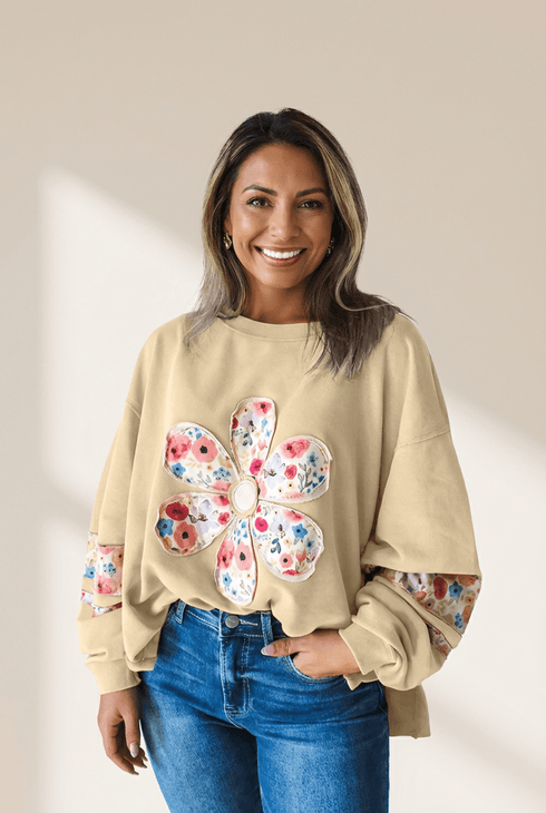 Women's Floral Appliqué Cotton Blend Sweatshirt in Sand Khaki