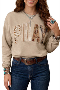$9.36 Parchment Floral Buffalo Plaid Striped Embroidered Patch Western Pullover Sweatshirt Wholesale