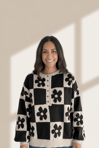 
Women's Floral Checkerboard Henley Sweater in Soft Viscose Blend