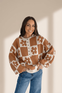 Women's Floral Checkerboard Viscose-Blend Henley Sweater