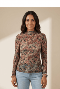 Women's Floral Mock Neck Mesh Blouse: Long Sleeve Slim Fit Top