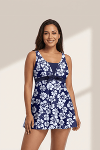 
Women's Floral Navy Blue A-Line Swim Dress with Bow Detail