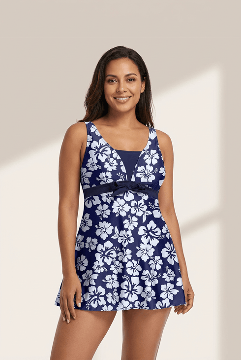 Women's Floral Navy Blue A-Line Swim Dress with Bow Detail