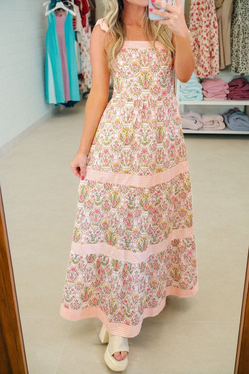 Women's Floral Print Pink Sleeveless Dress with Geometric Stripes and Patchwork - Trendy Summer Outfit for Stylish Women