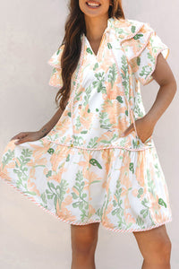 Women's Orange Floral Tiered Flutter Sleeve Mini Dress