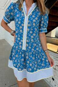 Women's Floral Cotton Mini Dress with Striped Trim and Button Front