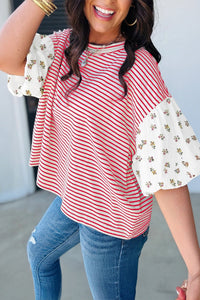 Red Stripe Floral Puff Sleeve Patchwork Round Neck Loose Top