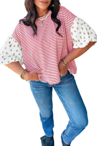 Red Stripe Floral Puff Sleeve Patchwork Round Neck Loose Top