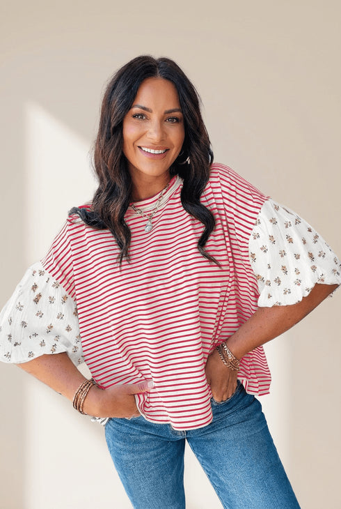 Women's Floral Puff Sleeve Top in Red Stripe - Loose Fit, Round Neck, Trendy Patchwork Design for Effortless Style
