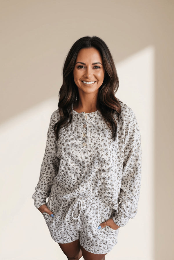 Women's Floral Ribbed Henley Top and Drawstring Shorts Set