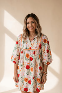 Women's Floral Ricrac Trim Mini Dress with Puff Sleeves