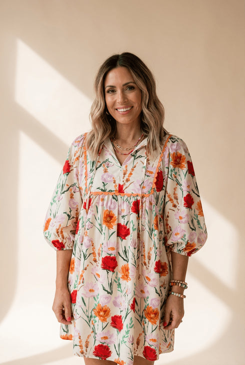 Women's Floral Ricrac Trim Mini Dress with Puff Sleeves