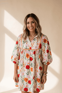 Women's Floral Ricrac Trim Mini Dress with Puff Sleeves