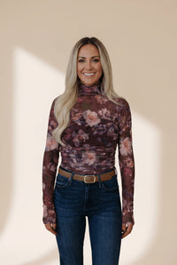 Women's Floral Ruched Mesh High Neck Long Sleeve Top