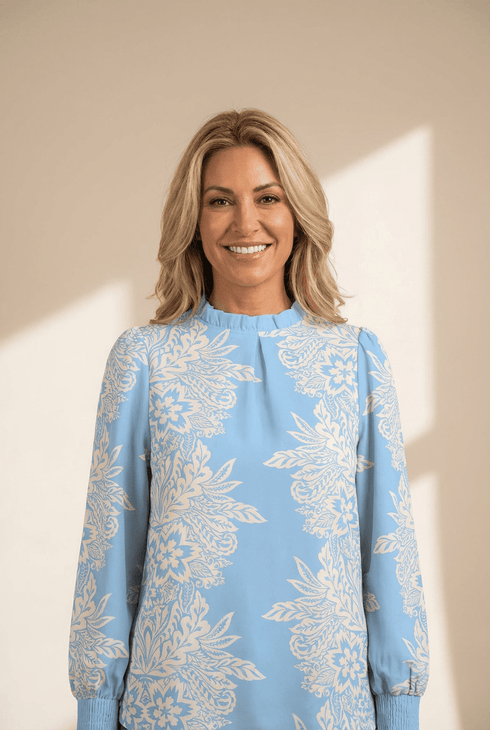 Women's Floral Ruffle Collar Blouse in Sky Blue