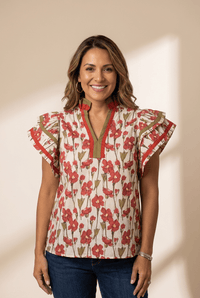 Women's Floral Ruffle Sleeve Cotton Blouse with Contrast Trim