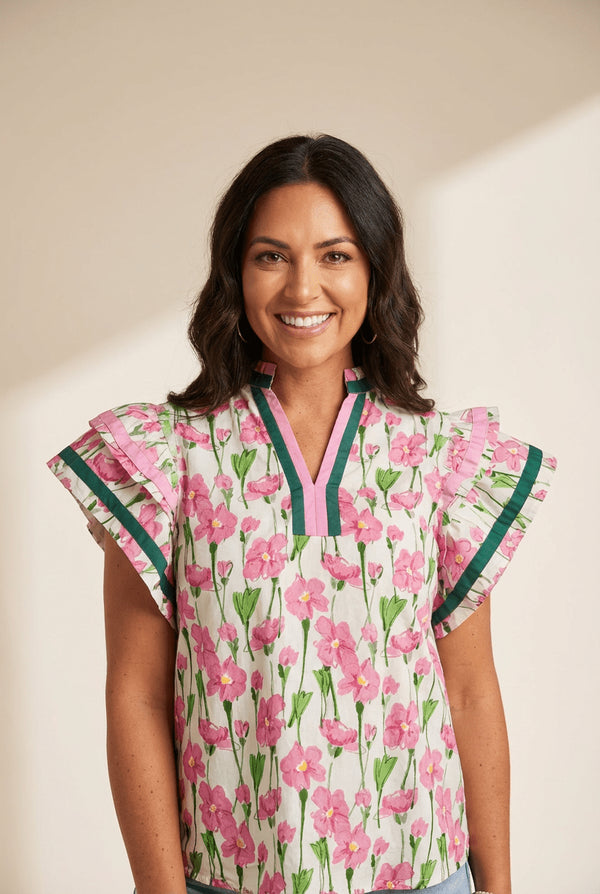 Women's Floral Ruffle Sleeve Cotton Blouse with Contrast V-Neck