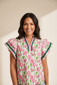 Women's Floral Ruffle Sleeve Cotton Blouse with Contrast V-Neck