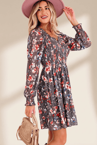 Women's Floral Smocked Bodice Mini Dress with Long Sheer Sleeves