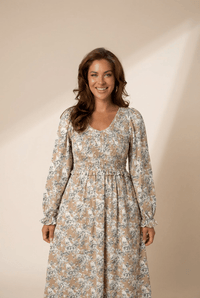 Women's Floral Smocked Midi Dress with Puff Sleeves in Khaki
