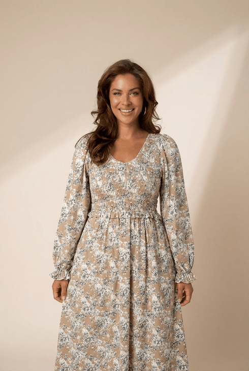 Women's Floral Smocked Midi Dress with Puff Sleeves in Khaki, khaki, front view