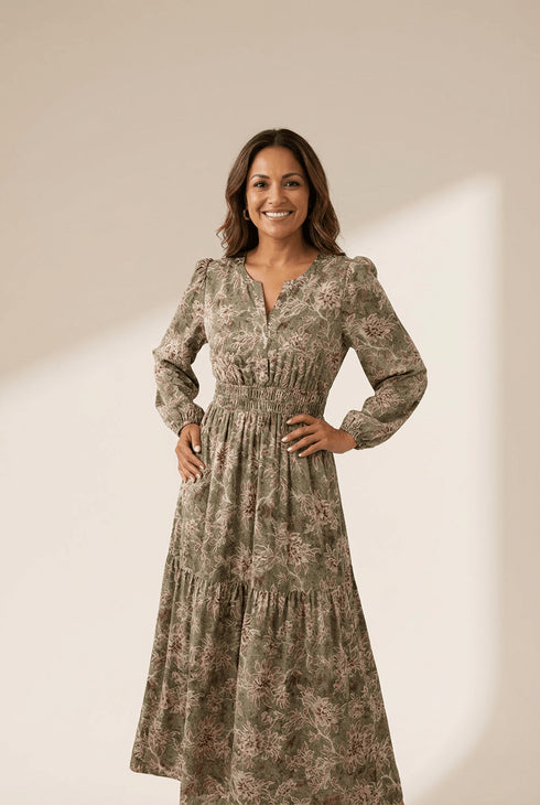 Women's Floral Smocked Waist Maxi Dress in Moss Green