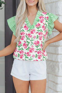 Women's Floral Striped V-Neck Blouse with Ruffle Trim - Chic Multicolor Casual Top for Spring and Summer Wear