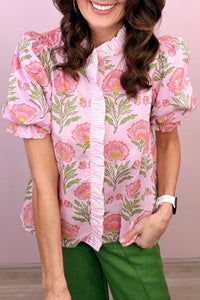 Pink Sweet Blooms Ruffle Striped Trim Puff Sleeve Shirt