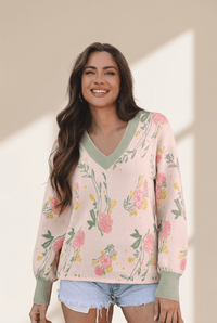 
Women's Floral V-Neck Viscose Blend Knit Sweater in Soft Pink