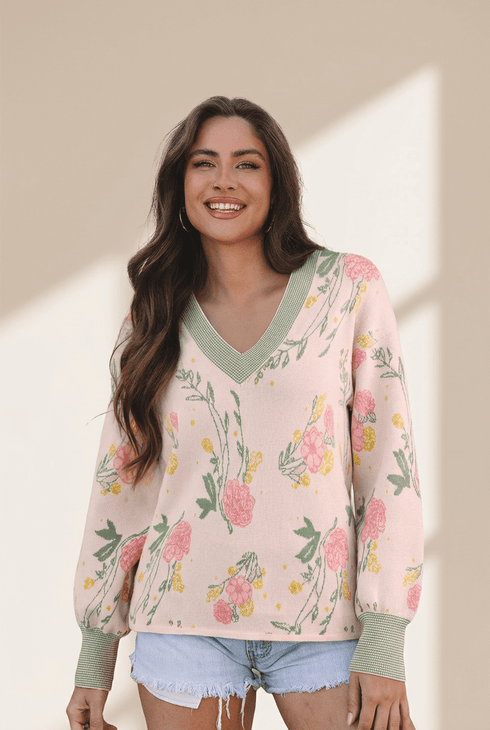 Women's Floral V-Neck Viscose Blend Knit Sweater in Soft Pink