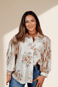 Women's Floral Viscose Blend Button-Down Blouse in Apricot