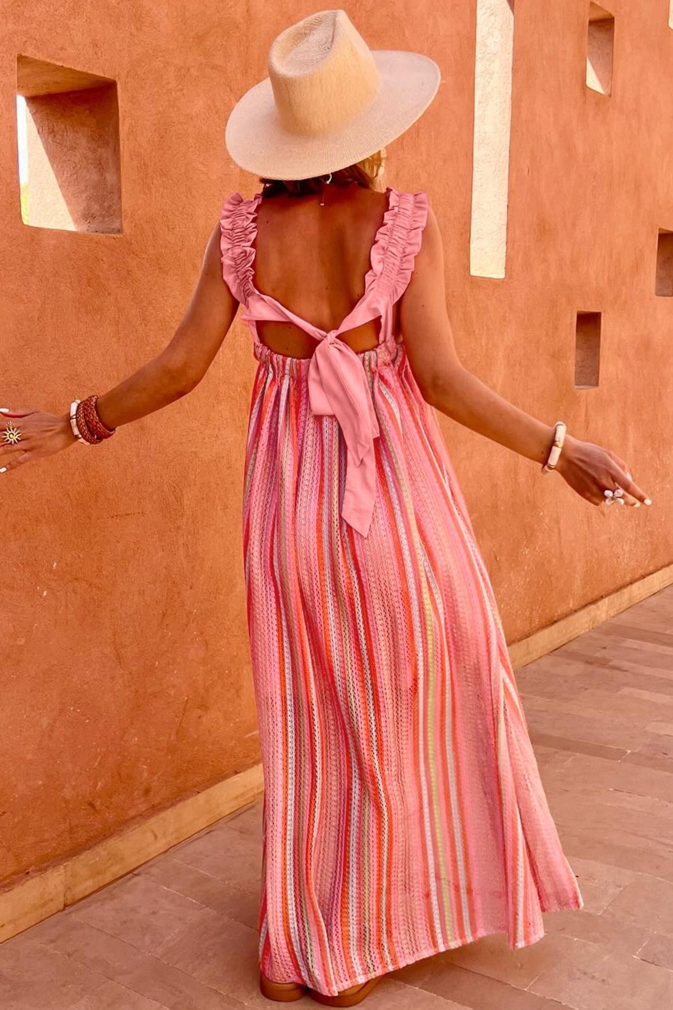 pink and orange striped maxi dress Women's Flowy with Ruffles Knot Detail July Week 2 2026 MDs Golden leaf dress – stripe print Color:Yellow Tulip