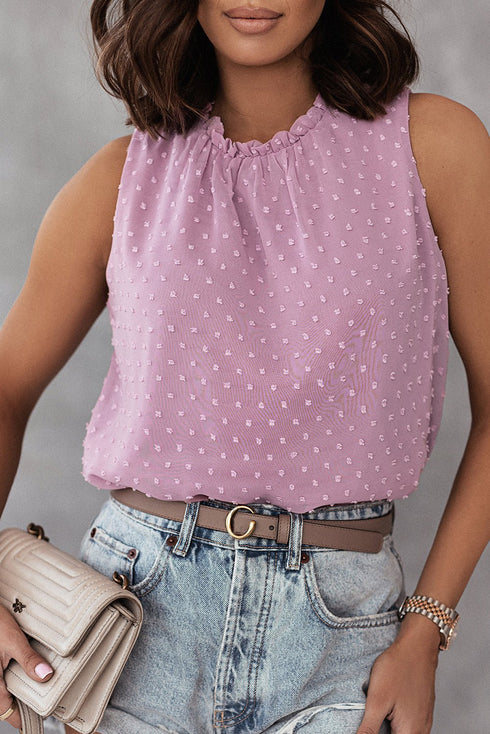 Women's Flowy Pink Swiss Dot Ruffle Tank Top - Sleeveless Summer Essential for Casual Outings and Everyday Style