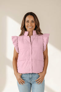 Women's Flutter Sleeve Lightweight Pink Puffer Vest