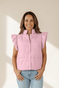 Women's Flutter Sleeve Lightweight Pink Puffer Vest