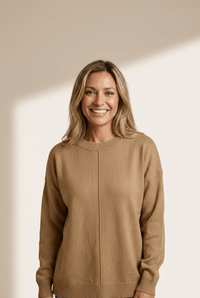 Women's French Beige Drop Shoulder Pullover with Vertical Seam Detail