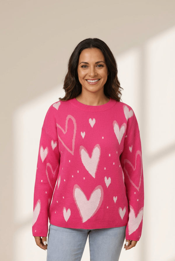 Women's Fuchsia Heart Intarsia Knit Sweater with Relaxed Fit