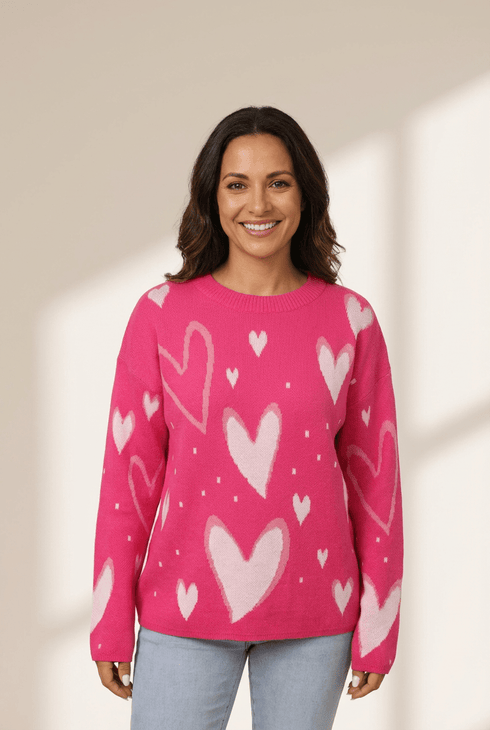 Women's Fuchsia Heart Intarsia Knit Sweater with Relaxed Fit