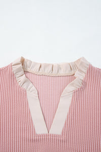 Fushia Plus Size Contrast Frilled Neckline Ruffled Short Sleeve Ribbed Textured Blouse