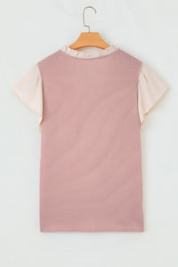 Fushia Plus Size Contrast Frilled Neckline Ruffled Short Sleeve Ribbed Textured Blouse